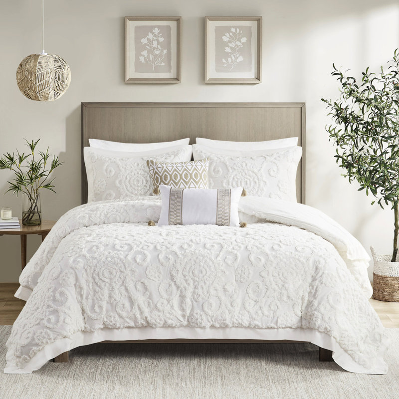 Édredon double / grand - Rembourrage en chenille 100% coton 2 taies décoratives élégantes et sereines 3 douces broderies douillettes