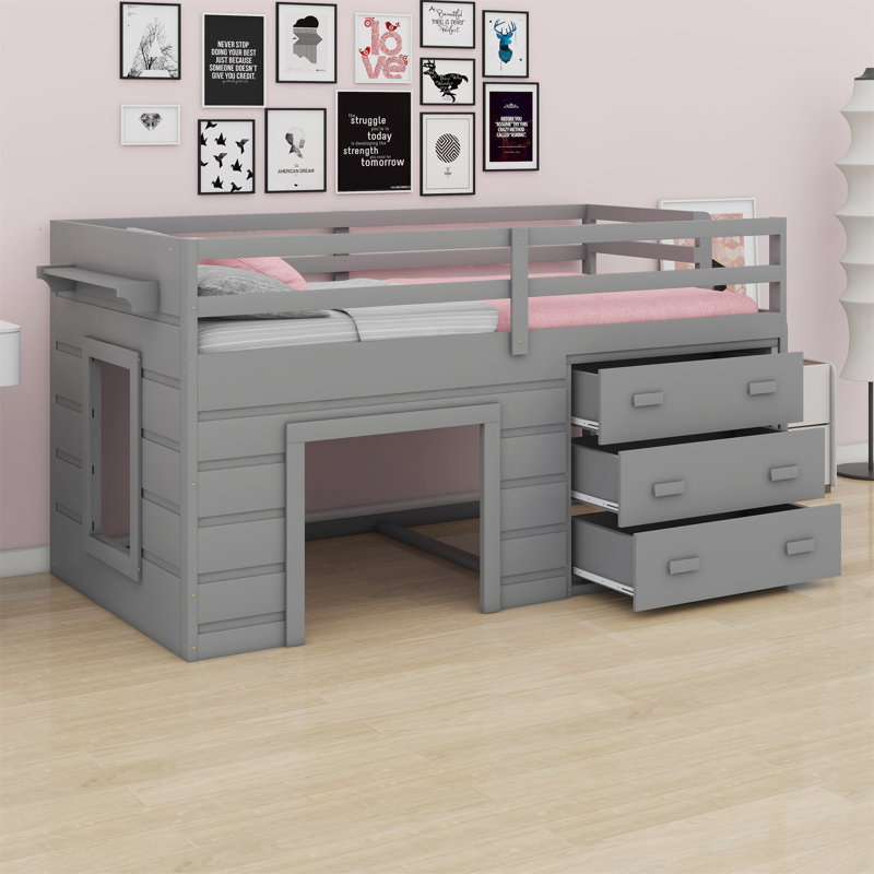 Lit mezzanine avec tiroirs et tablette, Gris