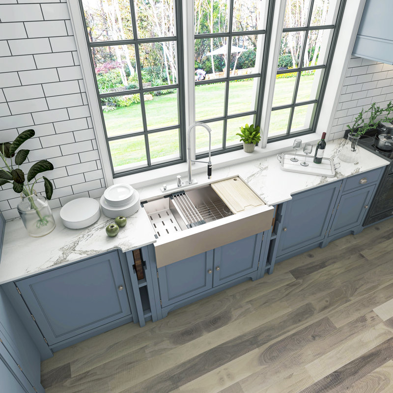 Sinber 36" Farmhouse Apron-Front Single Bowl Workstation Kitchen Sink, 16-Gauge T304 Stainless Steel, Satin Finish