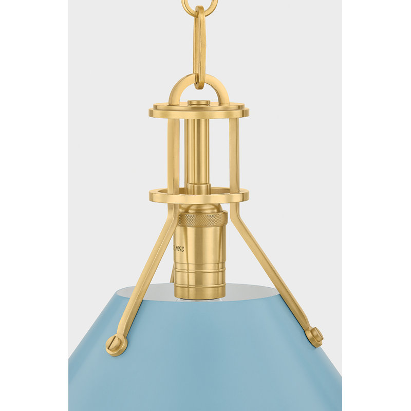 Painted No. 2 Pendant in Aged Brass and Blue Bird by Mark D. Sikes, Brass, 17.5" H x 21" W x 21" D, Blue Bird