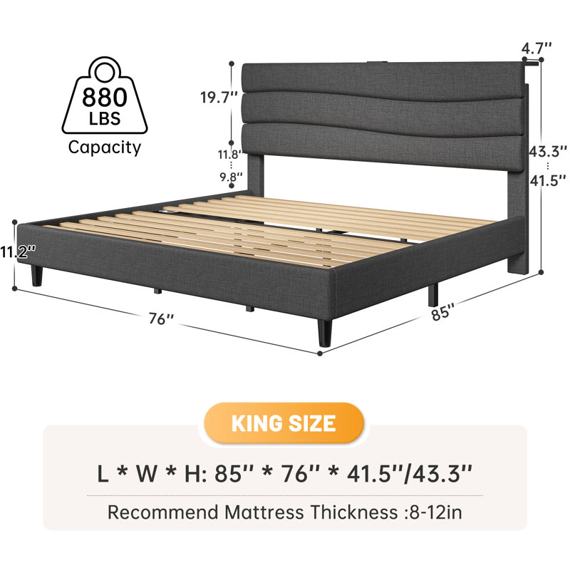 Upholstered Storage Bed with Charging Station, Gray, King