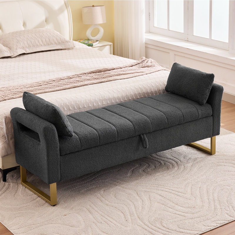 66"W Upholstered Flip Top Teddy Storage Bench King Size with Gold Legs,Curverd Armrest and 2 Pillows , Gray, 67"W