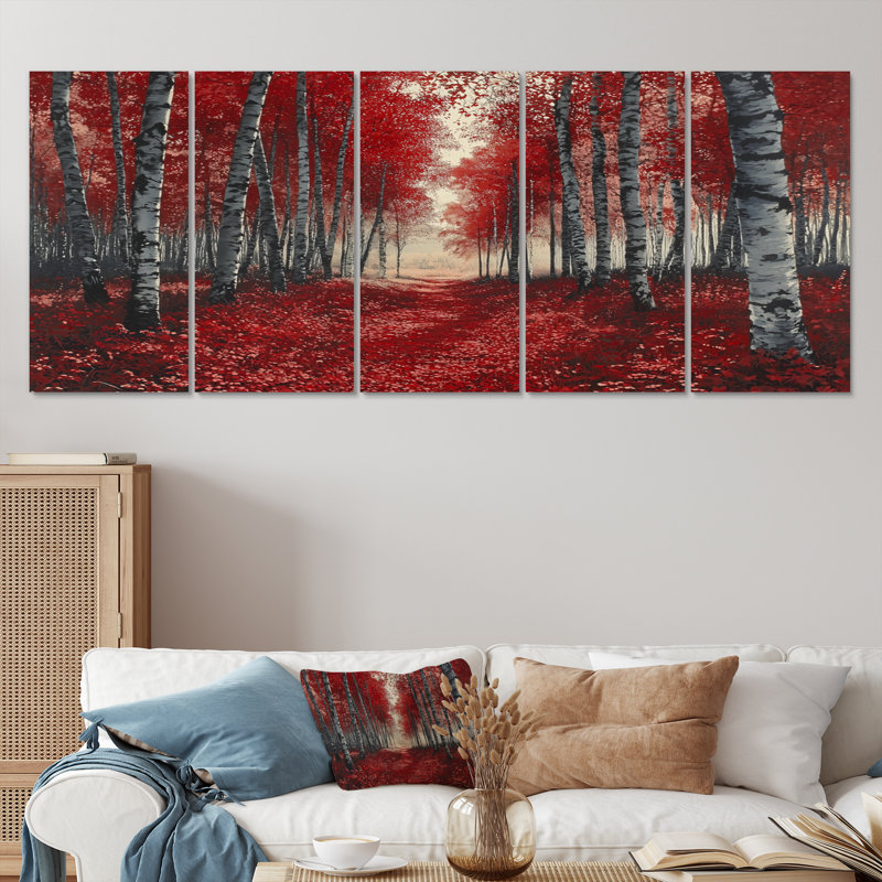 «Red Birch Trees Forest Path Panorama II», ensemble d'art sur toile, H 32 po x l 80 po