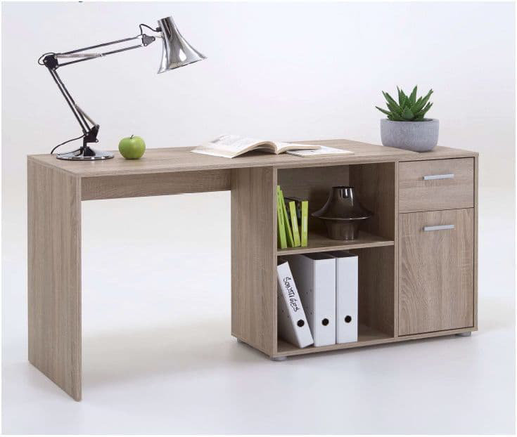 Solace Oak Effect Reversible Corner Flexi Desk Home Office Study Table With Drawer And Cupboard