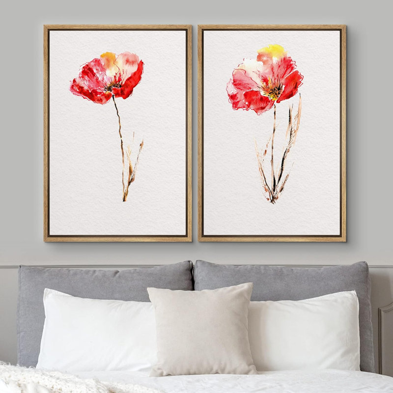 «Watercolor Red Poppy Minimalist», 2 pièces, Naturel, H 36 po x l 24 po