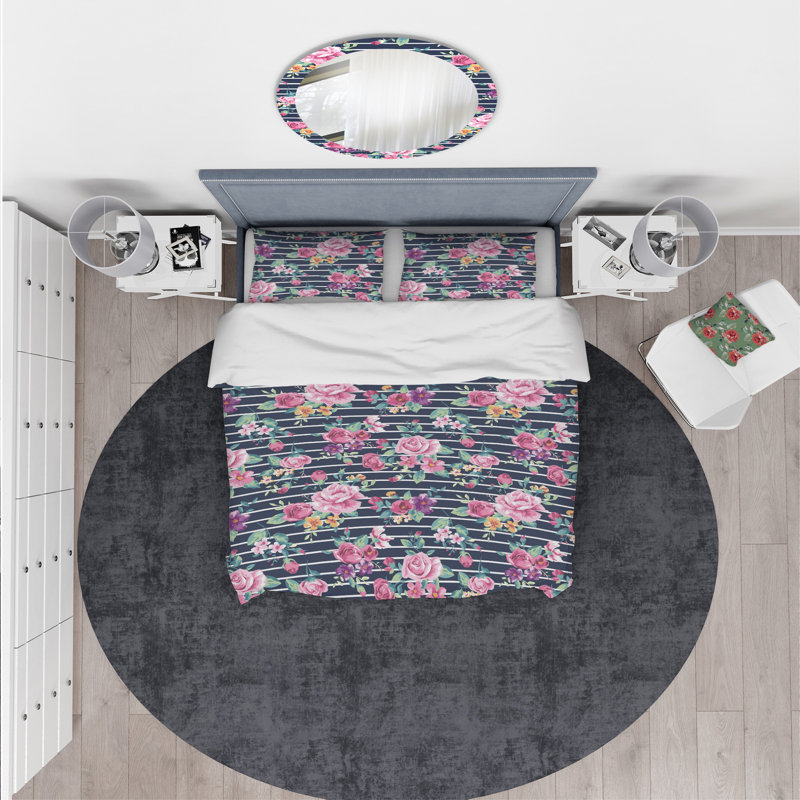 Ensemble de housse de couette designart fleurs, Housse simple + 1 taie décorative