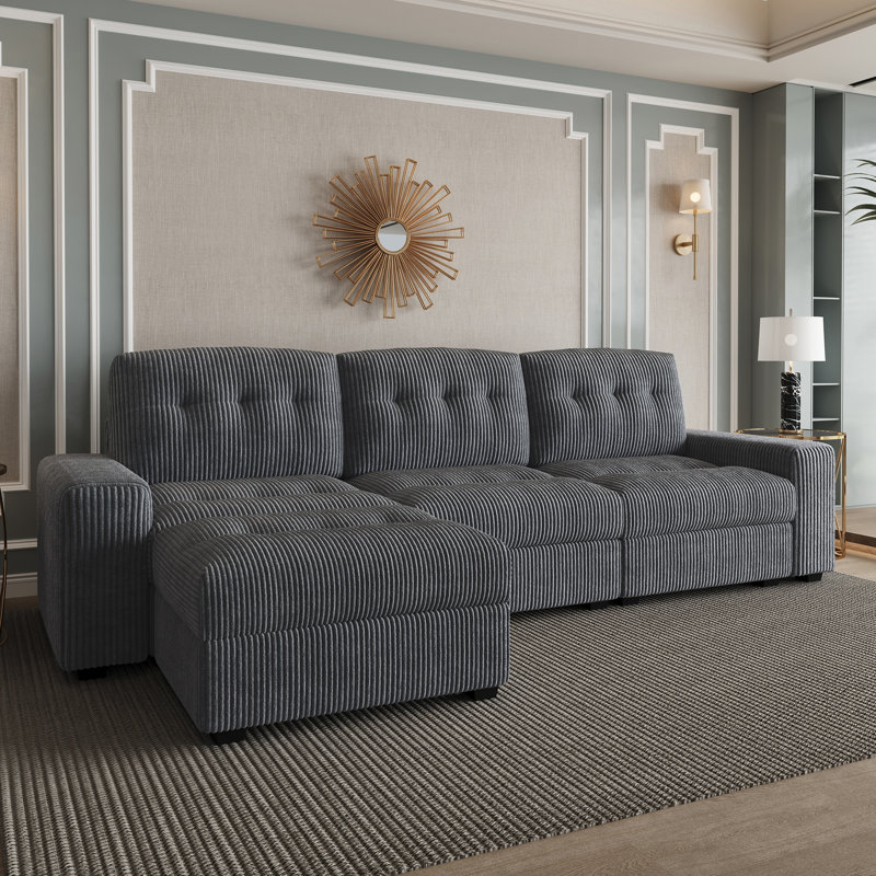 Corduroy Tufted 3-Seat Sofa Spacious Seats L-Shaped Apartment Couch, Gray Corduroy