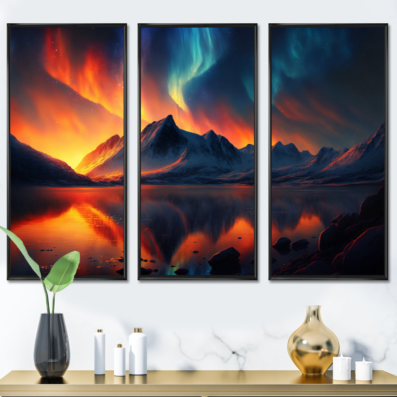 «Beautiful Lake Sunset With Aurora Borealis», impression sur toile 3 pièces, H 32 po x l 48 po x P 1 po, Toile encadrée noire