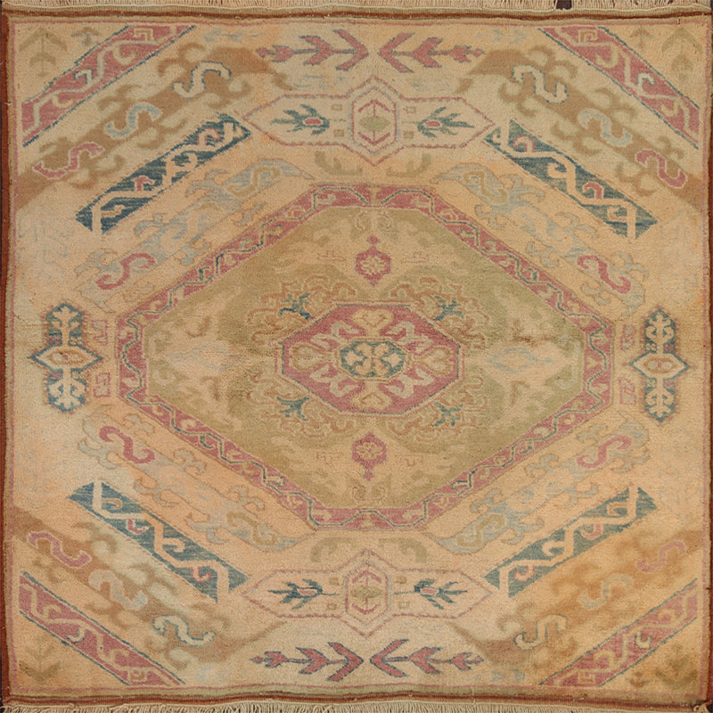 Tapis brun / rouge en laine noué à la main de conception unique 4 pi 2 po x 4 pi 8 po années 1980