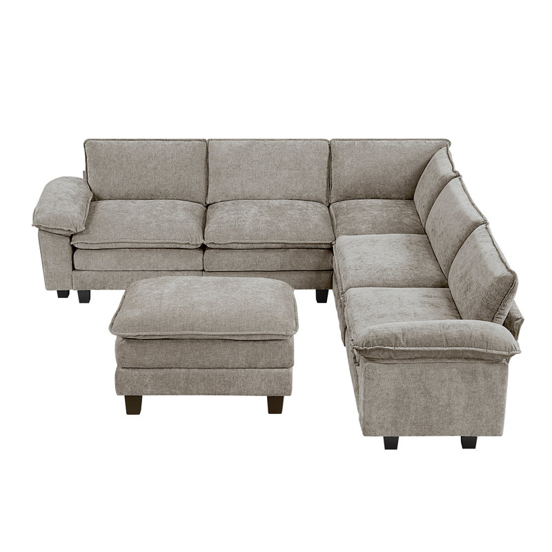 Moderne contemporain modulaire 6 pièces avec repose-pieds moelleux et moelleux Chenille, Chenille brun gris