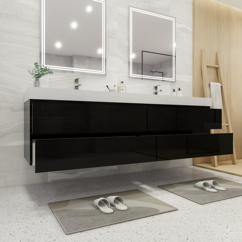 Carnley Double Bathroom Vanity with Wood, Acrylic Top, High Gloss Black