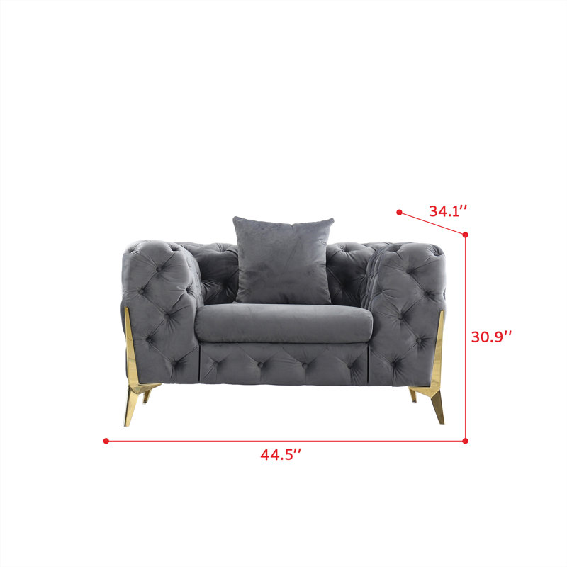 Fauteuil Chesterfield de 44,5 po de largeur, Velours gris velours