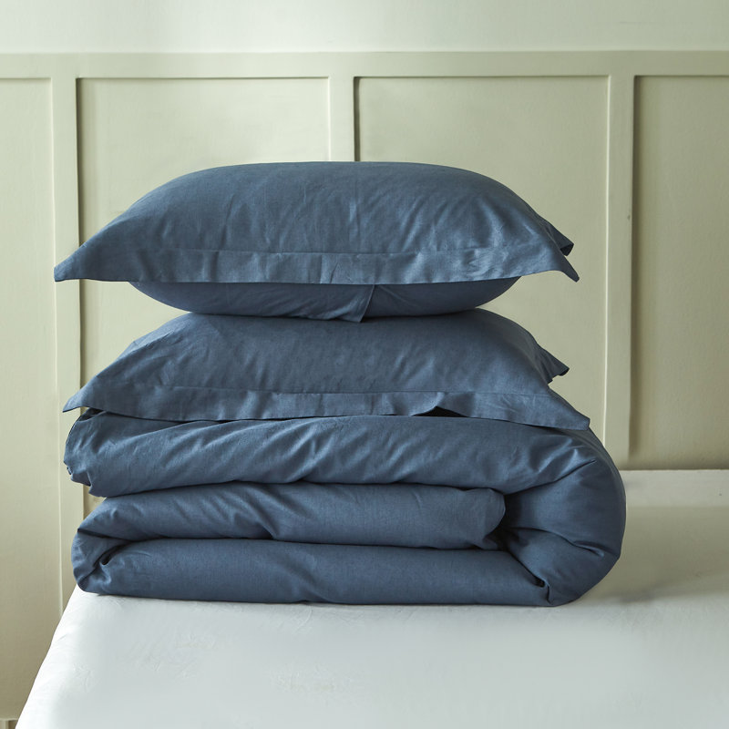 Linen Duvet Cover Set, Queen Duvet Cover + 2 Standard Pillowcases, Navy Blue