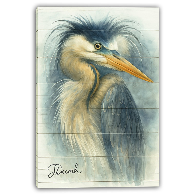 «Blue Heron», art mural sur toile de bois rustique