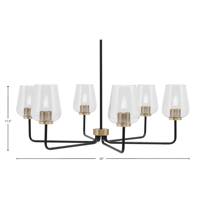 Lustre 6 lumières Amarmula, noir mat et laiton vieilli, verre à bulles transparent de 5 po, Noir/laiton