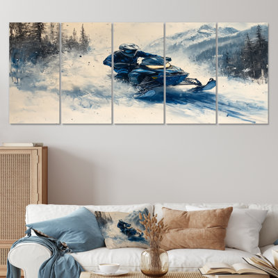 Motoneige bleue enneigée avec motif d'art en toile blanche