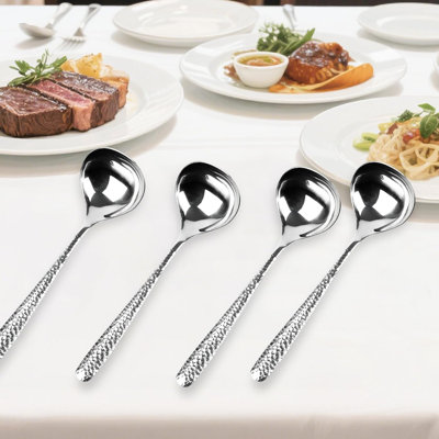 Large 7.87" 304 Stainless Steel Soup Spoons – Deep Round Asian Ramen Spoons with Hammered Finish