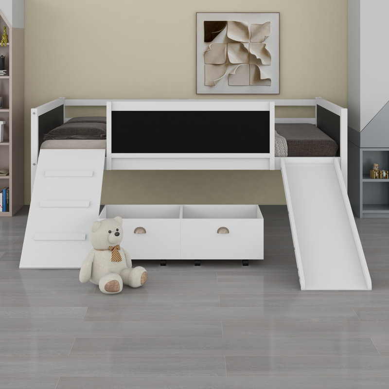 Lit mezzanine en bois avec deux boîtes de rangement, conception compacte pour les petites pièces, White