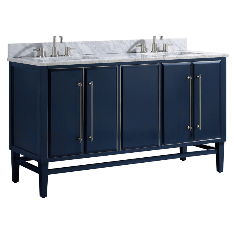 Ensemble de meuble-lavabo double 61 po avec miroir Ewen, Marine, Argent brossé, Blanc de Carrare