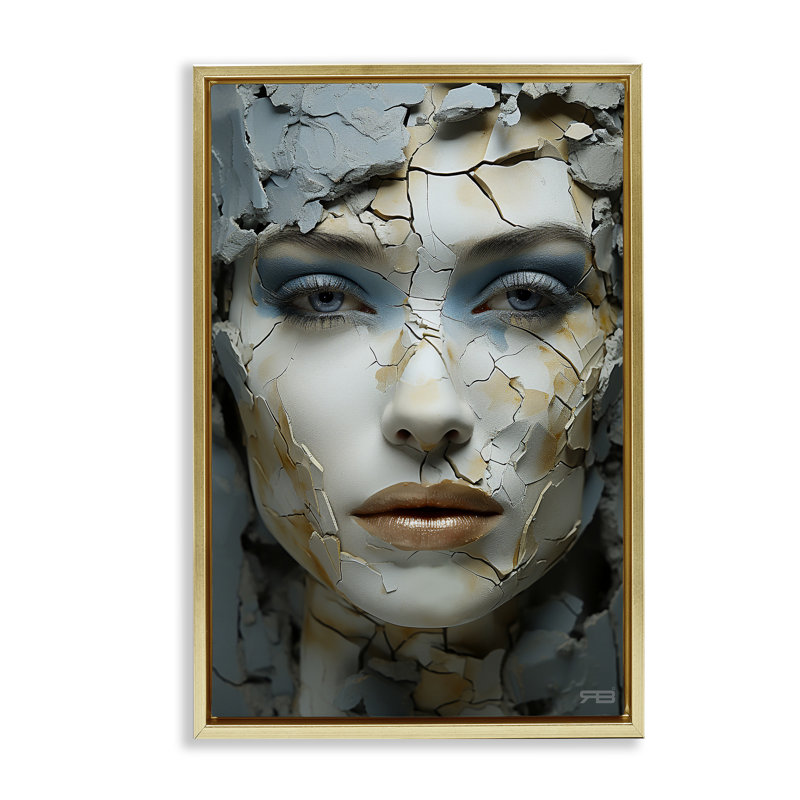 Toile flottante encadrée «Cracked Face Abstraction» par Roozbeh Bahramali, Cadre flottant métallique doré, H 25 po x l 17 po
