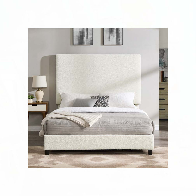 Boucle Upholstered Platform Bed, Queen, White Boucle
