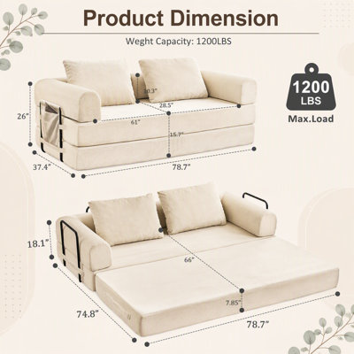 Convertible Sleeper Sofa Bed with Cylindrical Pillow - Corduroy Folding Mattress Couch with Fixed-Shape Frame for Living Room, Bedroom, Lounge, Studio