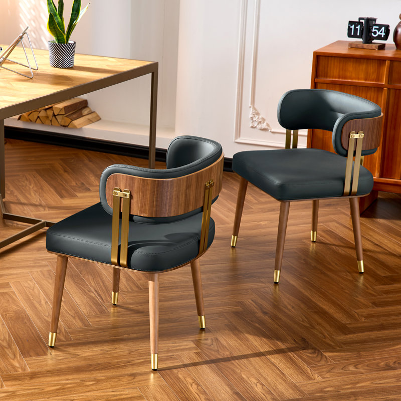 VBANPA Modern Dining Chairs Set Of 2, Mid-Century Upholstered Leather Dining Chairs With Thick High-Resilience Foam Cushion For Maximum Comfort, Walnut Wood Veneer & Gold Metal Legs, Dining Chairs With Anti-Slip Pads For Kitchen And Dining Room
