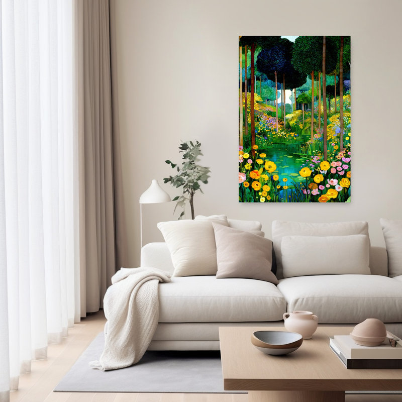 «Vibrant Forest Garden Pond Colorful Dreamy Peaceful Flower Flower», art mural, H 60 po x l 40 po