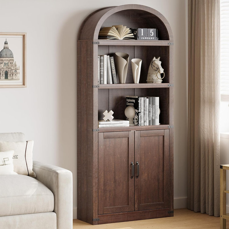 Bookcase 5 Shelf Arched Bookshelf 71.65in Tall Bookcase Farmhouse Display Storage Rack Wooden Bookshelves for Home Office, Living Room
