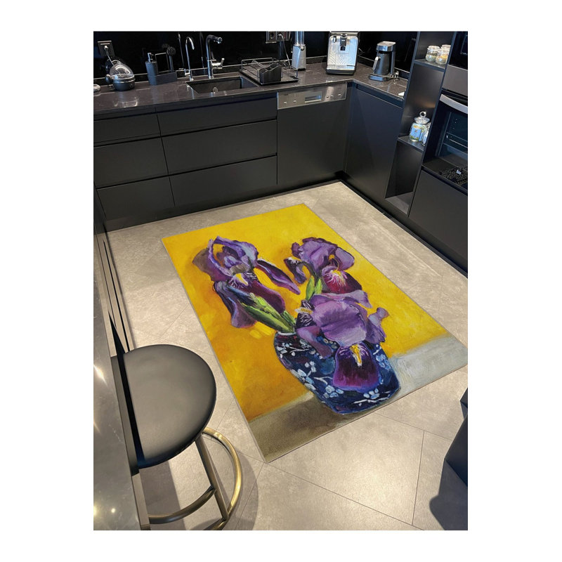 Tapis lavable à motif floral jaune, Sous-tapis rectangulaire 3 pi 11 po x 5 pi 11 po i