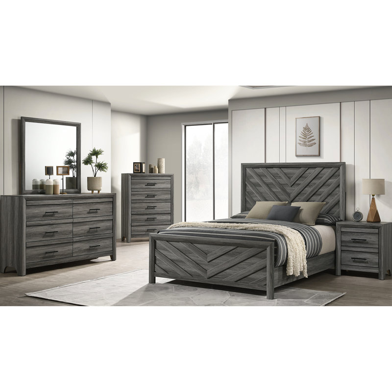 Lit double en bois massif gris contemporain pour une chambre à coucher moderne avec une transformation élégante de la tête de lit