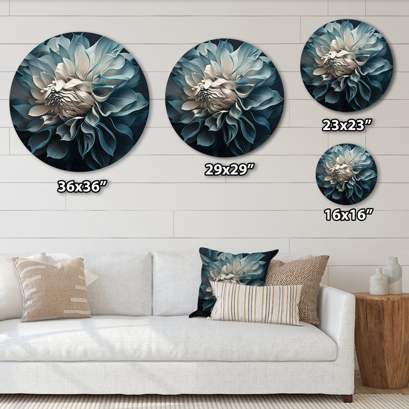 Fleurs de dahlia bleues et blanches I - Art floral rond en métal, H 23 po x l 23 po
