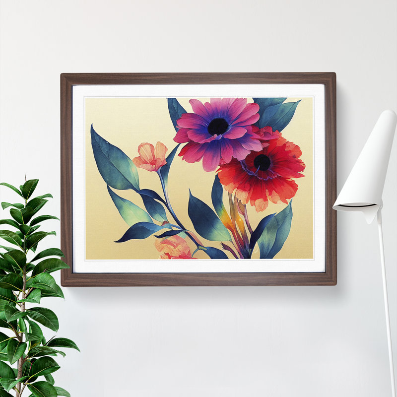 Showstopping Watercolour Flowers 1 Piece Single Picture Frame Wall Art, 46cm H x 64cm W x 2cm D, Walnut Framed