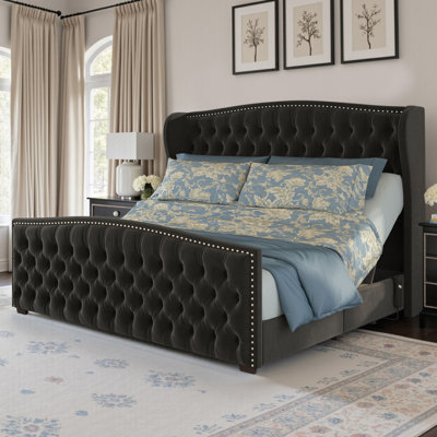 Grand lit ajustable DuJuan H 50,8 po avec garniture cloutée et tête de lit capitonnée, noir