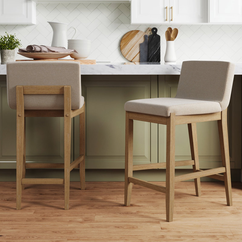 Exposed Back Upholstered Counter Stool with Solid Wood Legs, 2-Pack, Flax Polyester/Light Brown, 2