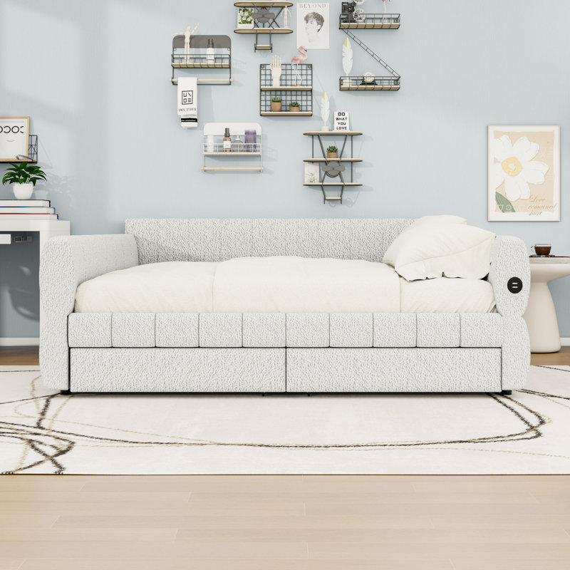 Structure de lit plateforme tapissier avec ports USB et 2 tiroirs de rangement, Blanc