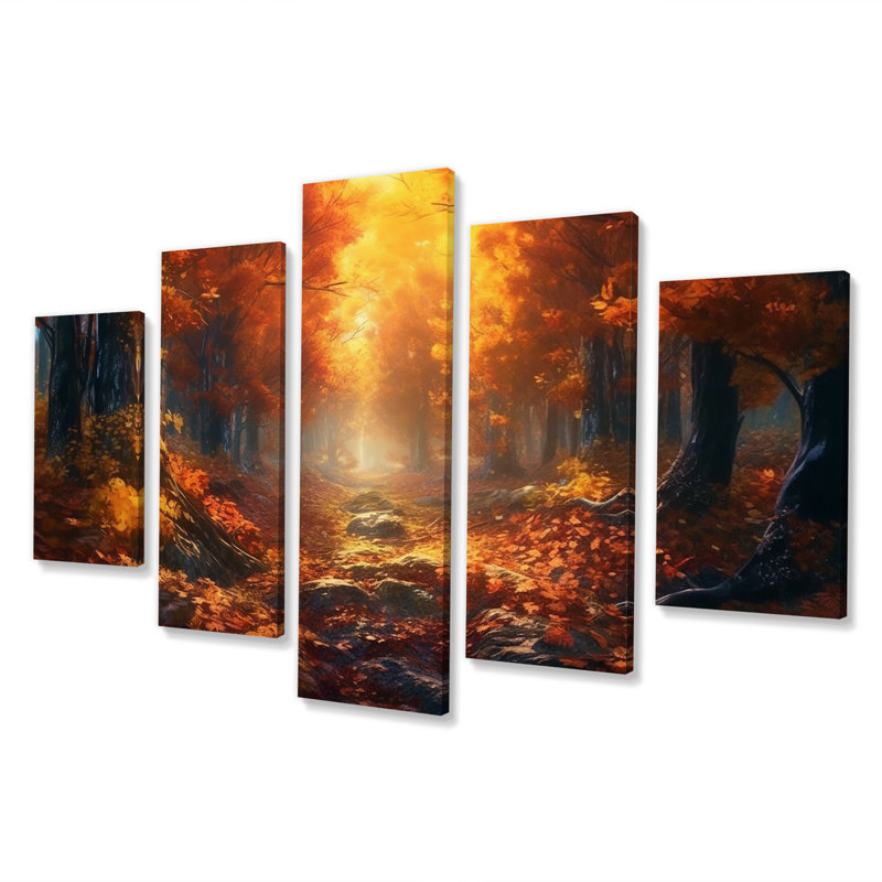 Forêt, sérénité, après-midi, lumière du soleil en automne I - Art mural sur toile forêt - 5 panneaux