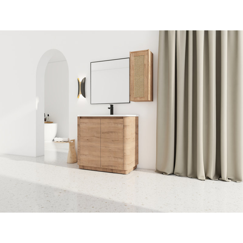 Meuble-lavabo autoportant de 36 pouces avec lavabo en céramique, charnières et rebords arrondis pour un environnement sécuritaire 36 po moderne avec tablettes réglables blanches, portes à fermeture en douceur facile d'accès