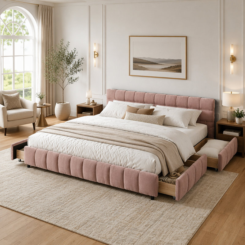 King Size Upholstered Bed ,Comfortable Upholstered Bed Frame, Chenille Fabric, King, Pink