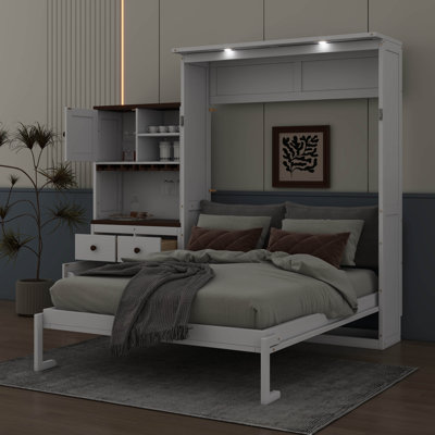 Queen Size Wall-Integrated Murphy Bed With Storage Cabinet, Wine Rack, Glass Holder, Drawers, And LED Lighting
