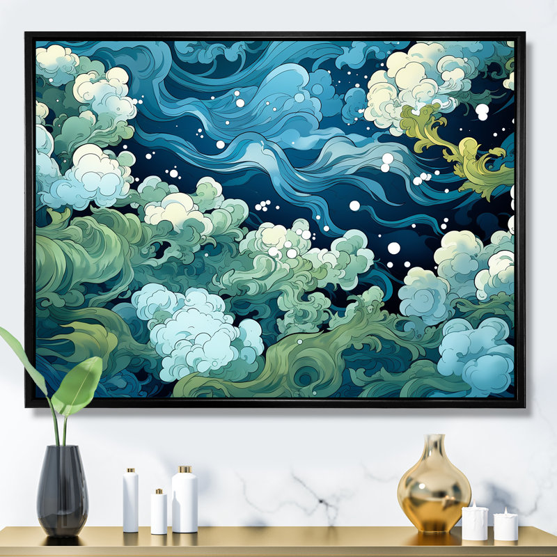 «Jungle River Collage At Night 1», art mural jungle, Cadre flottant noir, H 34 po x l 44 po x P 1,5 po