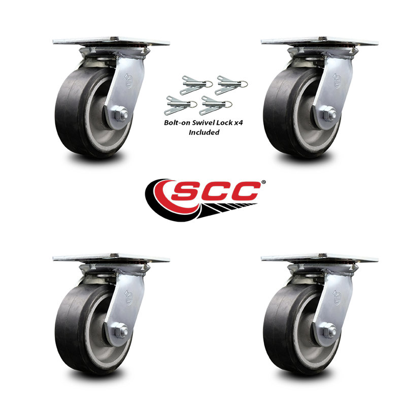 5 Inch Rubber on Aluminum Caster Set with Roller Bearings and Swivel Locks SCC