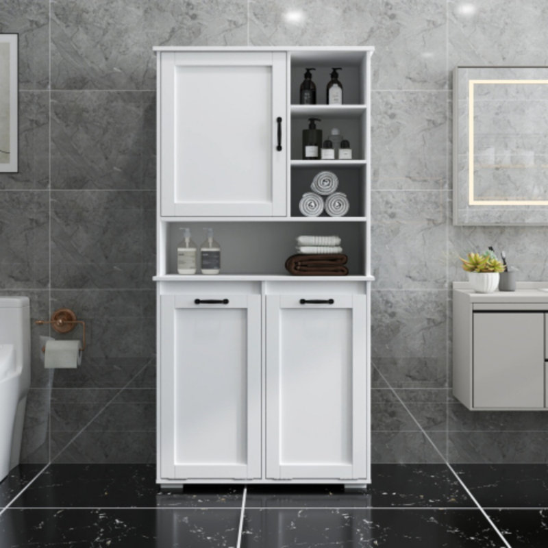 Armoire de rangement pour la lessive avec panier inclinable, plusieurs tablettes et portes réglables, organisateur autoportant pour la maison