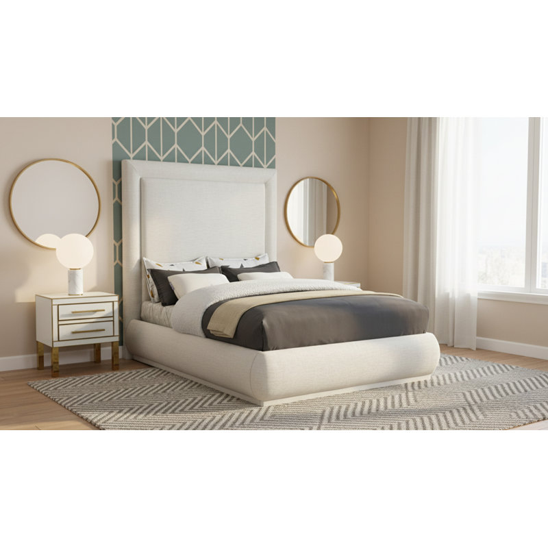Prudhoe Upholstered Platform Bed, King, Cream Linen Textured Fabric