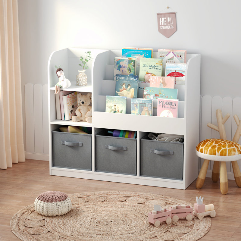 Bibliothèque et bibliothèque pour enfants, bibliothèque multifonctionnelle avec 3 tiroirs en tissu pliables, présentoir à bibliothèque, rangement pour jouets pour chambre à coucher, salle de jeux, couloir (blanc / gris)