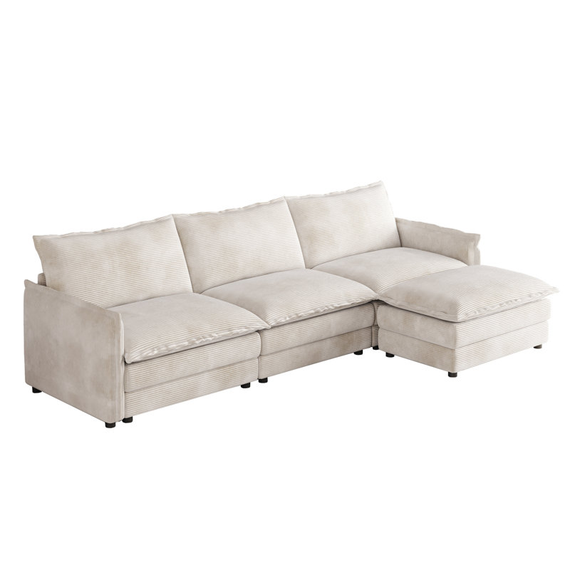 109" Sofa With Ottomans, Beige Corduroy