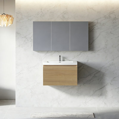 24 in. Modern Wall-Mounted Floating Bathroom Vanity in Natural Oak with Glossy White Stone Resin Top
