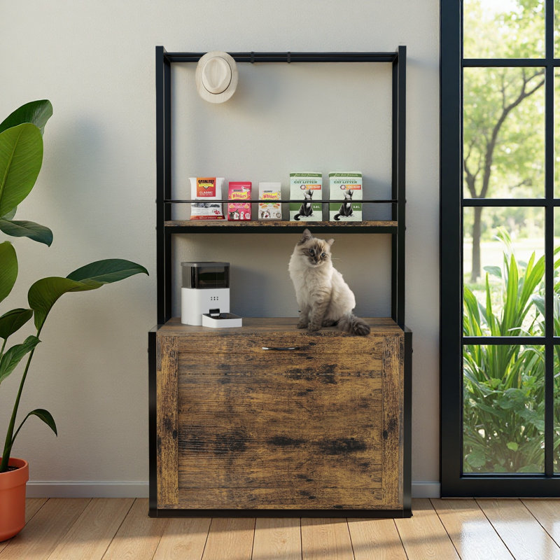 Enceinte de litière raffinée de 55 po avec tablettes de rangement et 2 portemanteaux suspendus, boîte de litière cachée pour chat 4 en 1 avec tablette