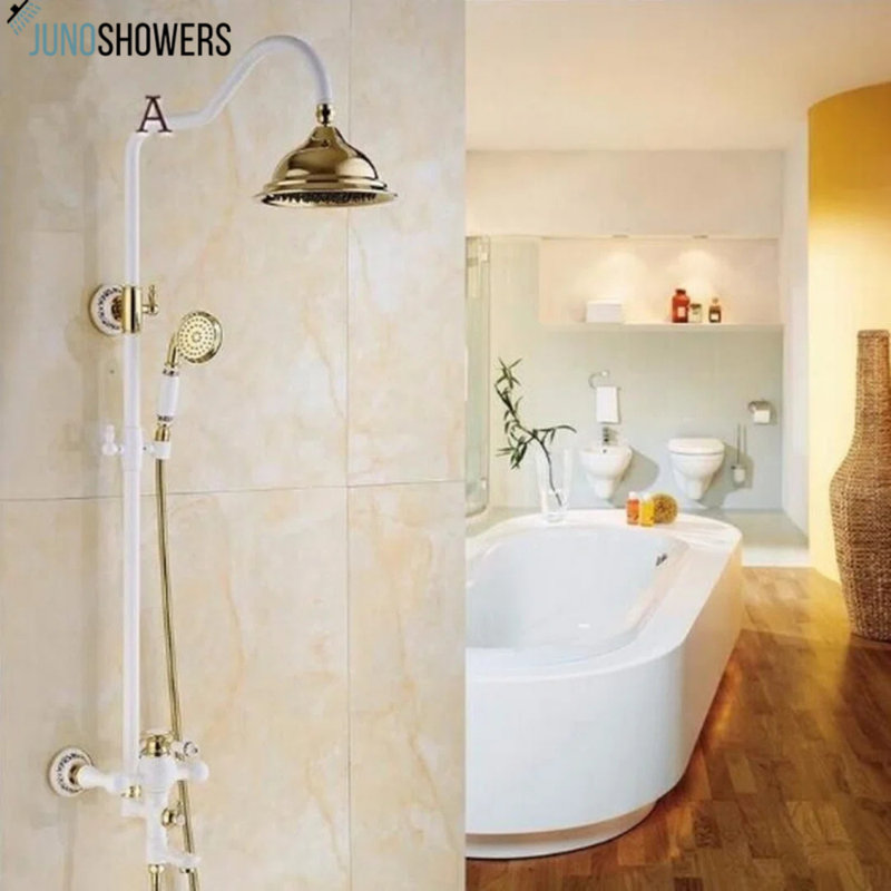 Juno Beautiful White Gold Wall Mount Shower Faucet with Hand-Held Shower
