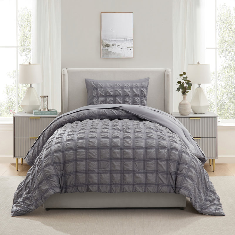 Bed in a Bag Seersucker Diamond Stitch 5 Piece Comforter Set, Gray, Twin